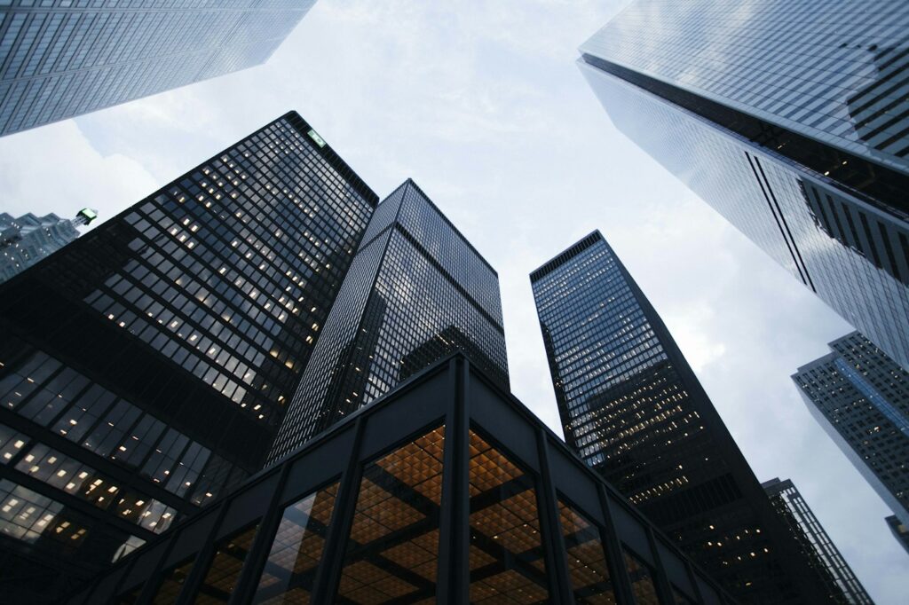 Commercial office towers illustrating workplaces served by security teams